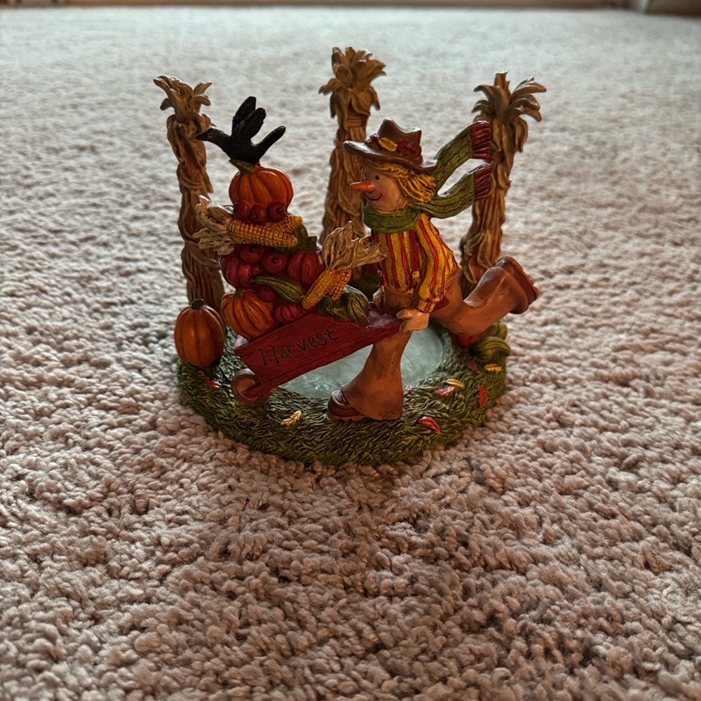 Yankee Candle cute Scarecrow w/ Wheelbarrow. Fall Decoration fits Large Candle
